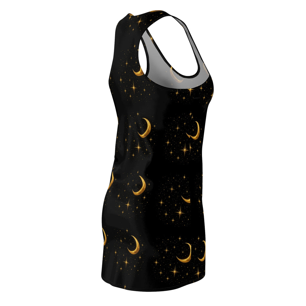 Moonlit Crescent Racerback Dress — Gold Moon & Stars Print