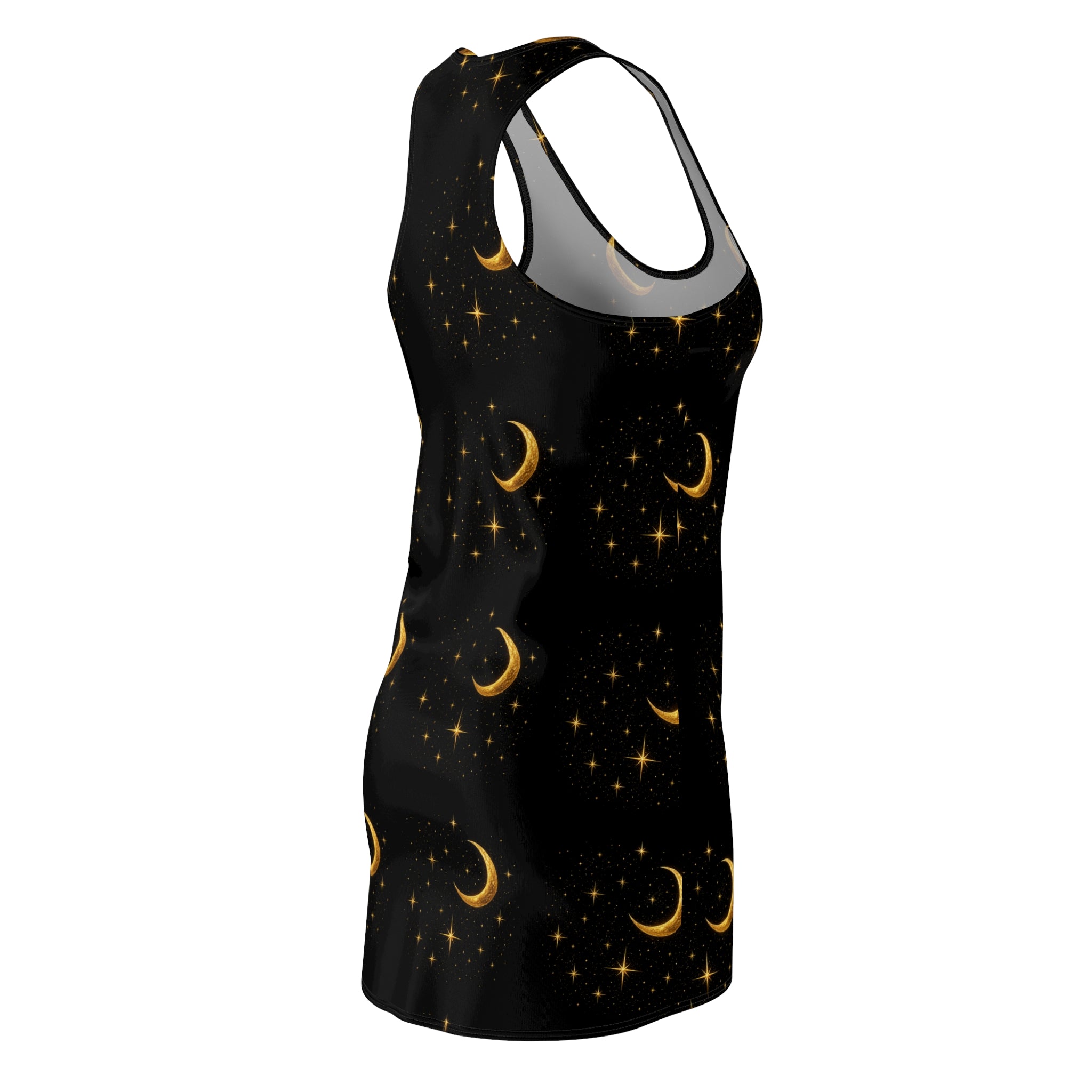 Moonlit Crescent Racerback Dress — Gold Moon & Stars Print