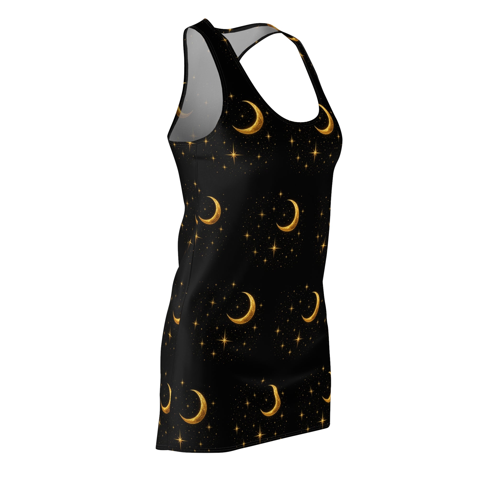 Moonlit Crescent Racerback Dress — Gold Moon & Stars Print