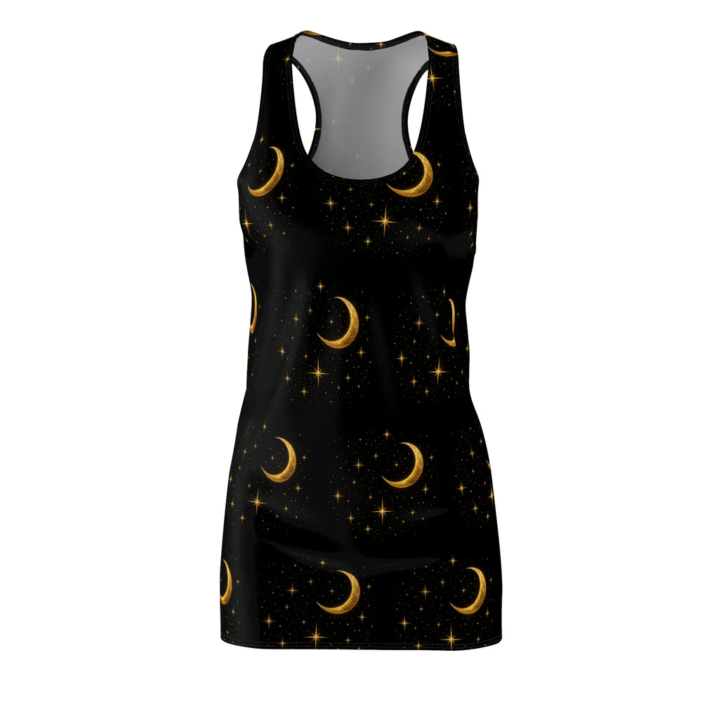 Moonlit Crescent Racerback Dress — Gold Moon & Stars Print