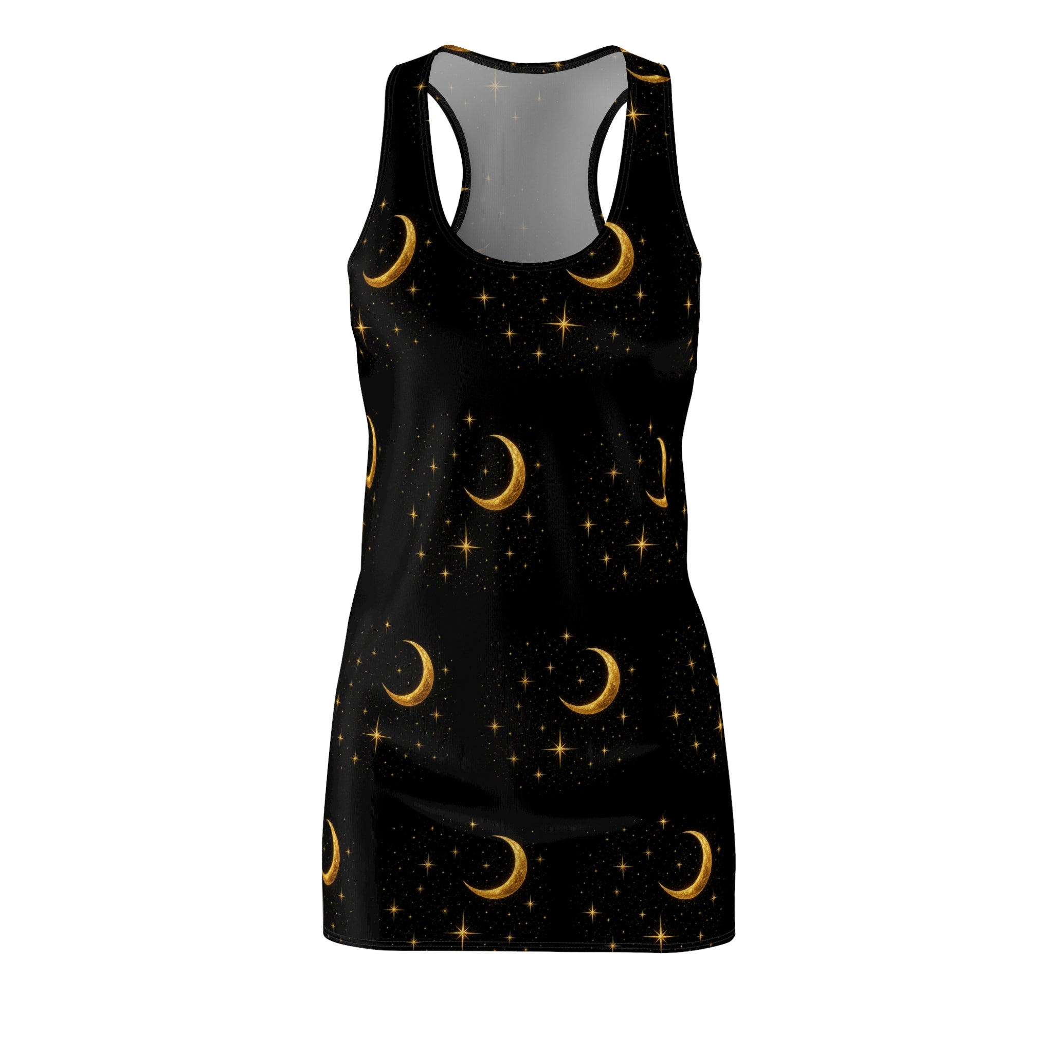 Moonlit Crescent Racerback Dress — Gold Moon & Stars Print