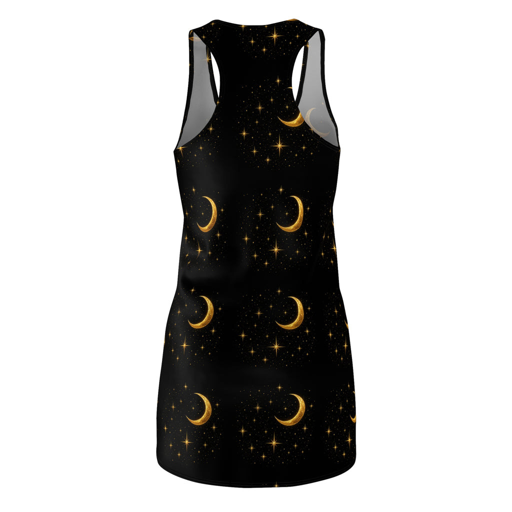 Moonlit Crescent Racerback Dress — Gold Moon & Stars Print